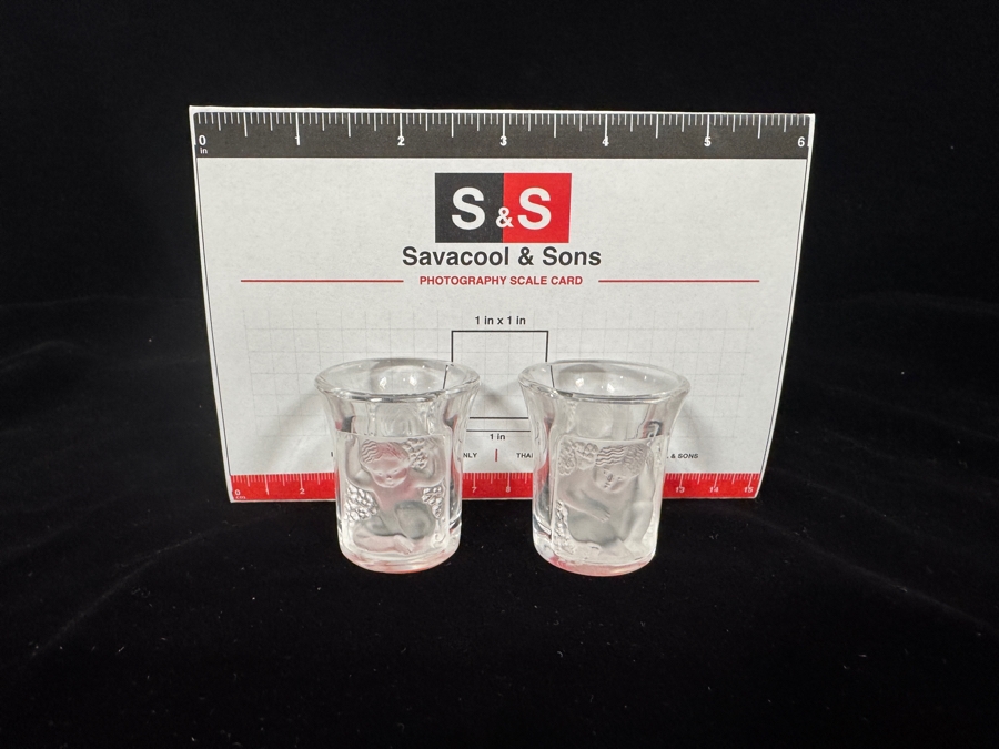 Vintage Lalique France Crystal Les Enfants Cherub Clear And Frosted Panel Cordial Shot Glasses Set Of 2 1.75'H [Photo 6]