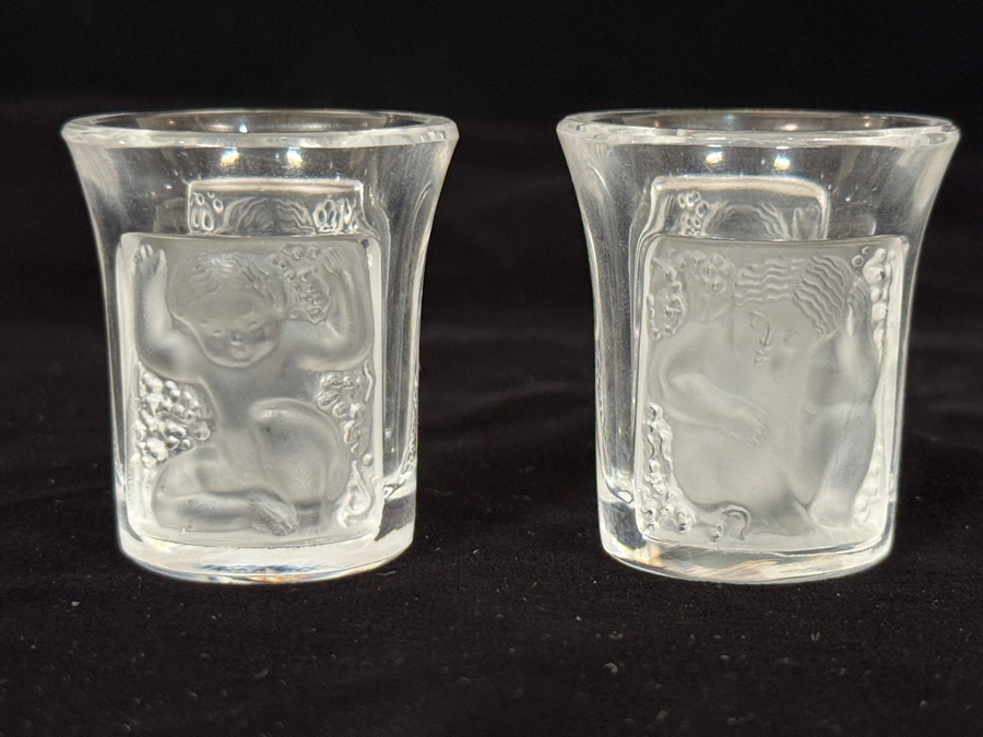 Vintage Lalique France Crystal Les Enfants Cherub Clear And Frosted Panel Cordial Shot Glasses Set Of 2 1.75'H