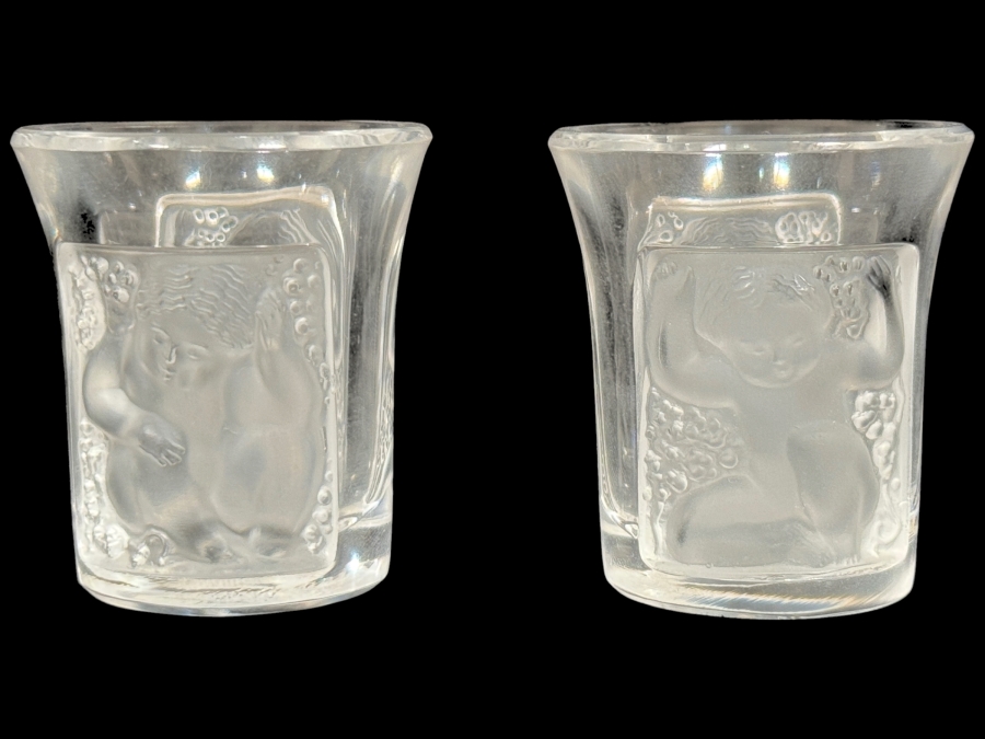 Vintage Lalique France Crystal Les Enfants Cherub Clear And Frosted Panel Cordial Shot Glasses Set Of 2 1.75'H [Photo 3]