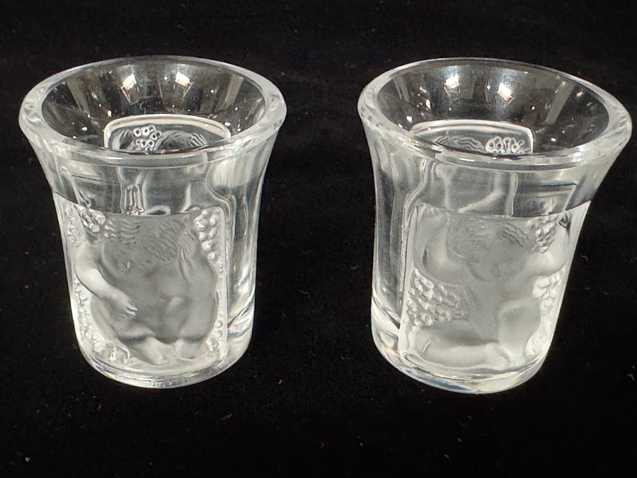 Vintage Lalique France Crystal Les Enfants Cherub Clear And Frosted Panel Cordial Shot Glasses Set Of 2 1.75'H [Photo 4]