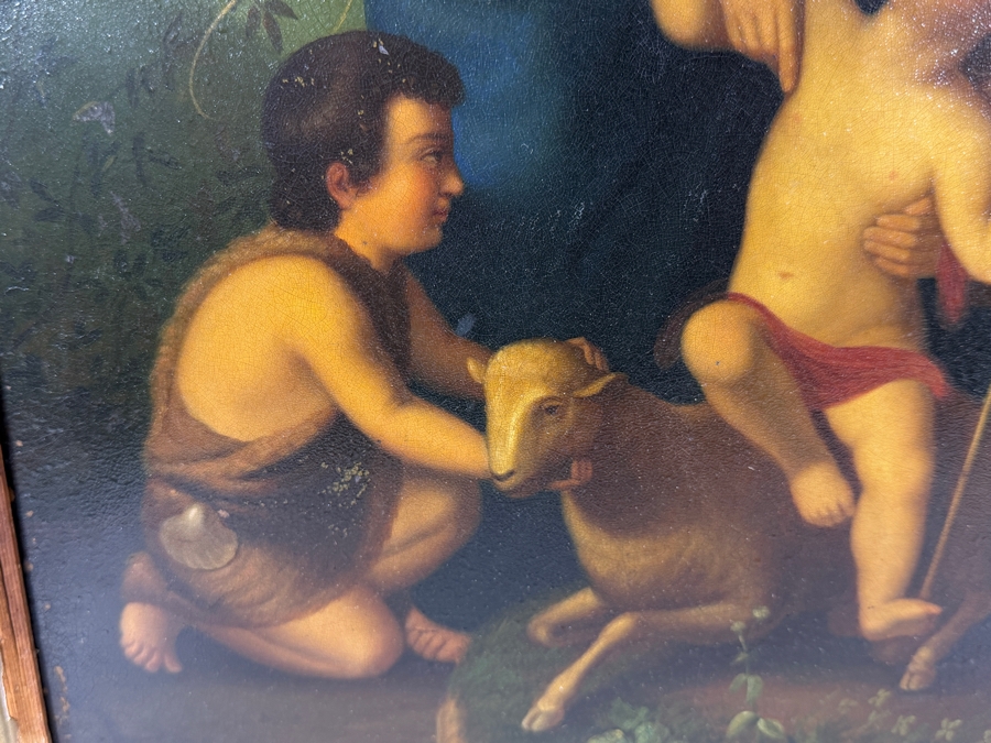 Antique Original Mexican Retablo Painting On Tin Of 'Mary And Elizabeth With Jesus And John The Baptist' After German Romantic Artist Johann Friedrich Overbeck 13.75 X 17 In Antique Gilt Wooden Frame 16 X 24 [Photo 5]