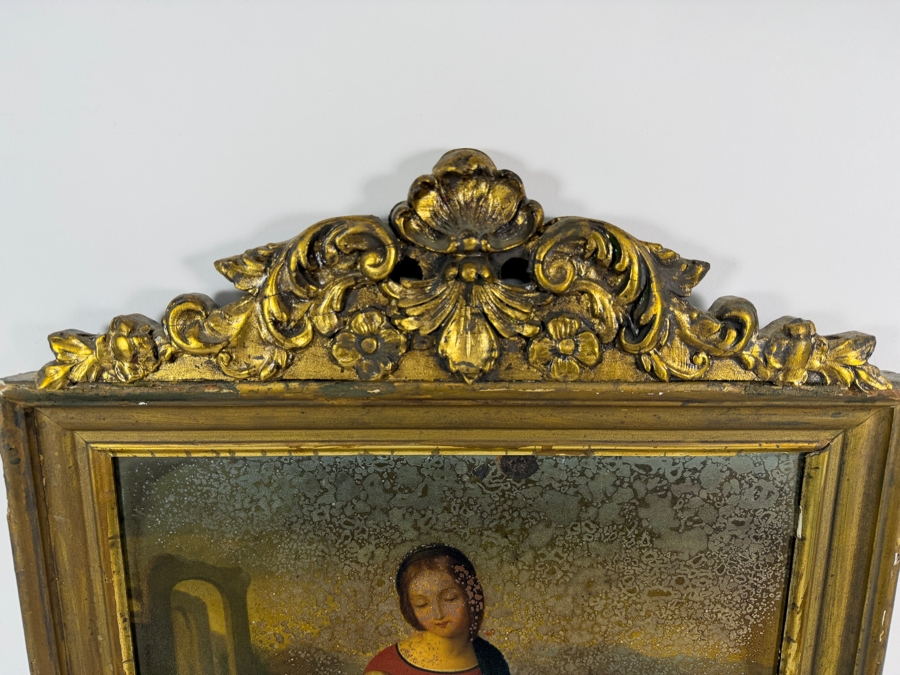 Antique Original Mexican Retablo Painting On Tin Of 'Mary And Elizabeth With Jesus And John The Baptist' After German Romantic Artist Johann Friedrich Overbeck 13.75 X 17 In Antique Gilt Wooden Frame 16 X 24 [Photo 7]