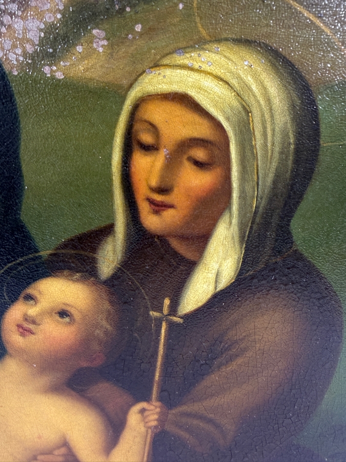 Antique Original Mexican Retablo Painting On Tin Of 'Mary And Elizabeth With Jesus And John The Baptist' After German Romantic Artist Johann Friedrich Overbeck 13.75 X 17 In Antique Gilt Wooden Frame 16 X 24 [Photo 3]