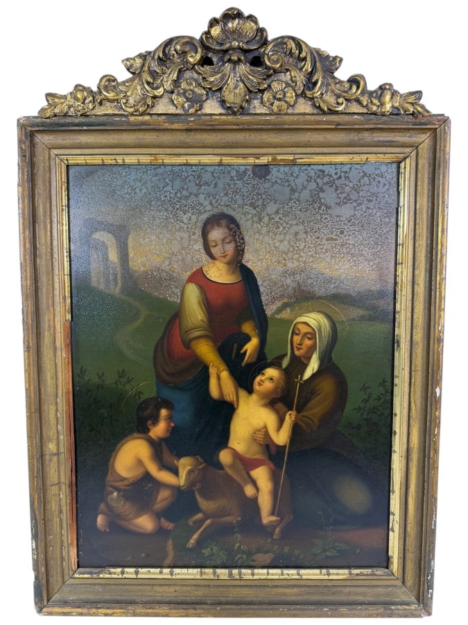 Antique Original Mexican Retablo Painting On Tin Of 'Mary And Elizabeth With Jesus And John The Baptist' After German Romantic Artist Johann Friedrich Overbeck 13.75 X 17 In Antique Gilt Wooden Frame 16 X 24