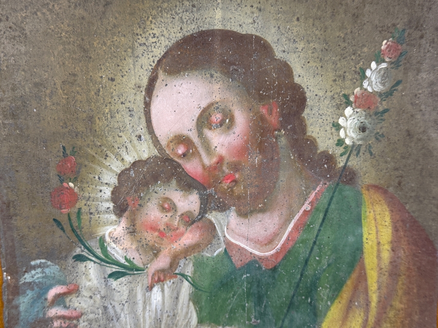Antique 19th Century Original Mexican Retablo Painting On Tin Of Saint Joseph Holding The Christ Child 9.5 X 13.75 Framed 15.5 X 20 [Photo 4]