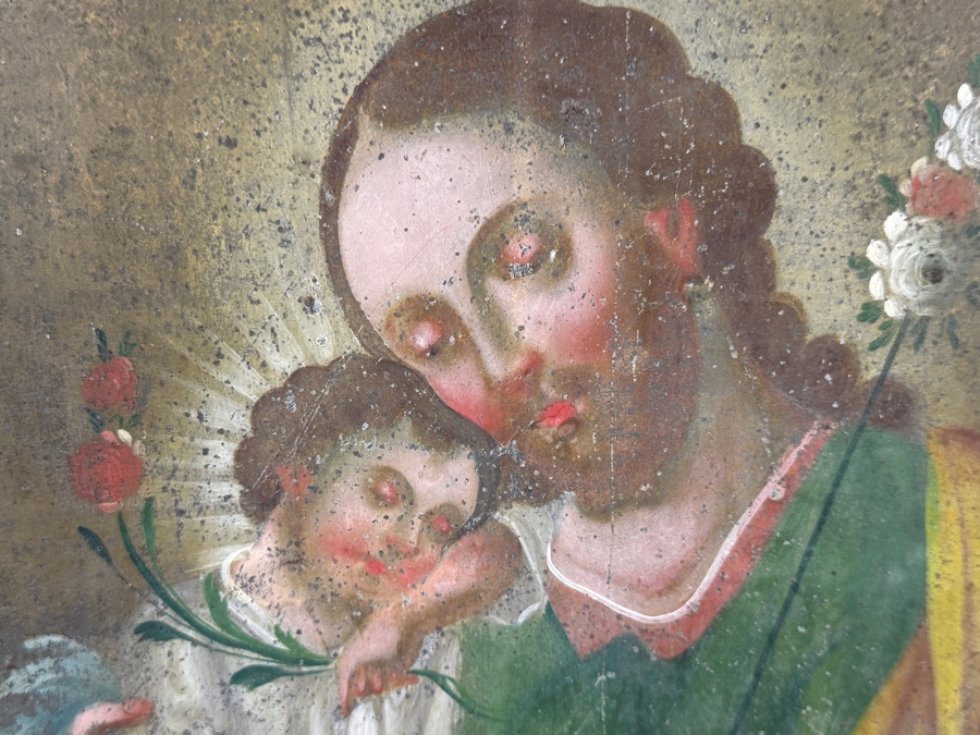 Antique 19th Century Original Mexican Retablo Painting On Tin Of Saint Joseph Holding The Christ Child 9.5 X 13.75 Framed 15.5 X 20 [Photo 5]