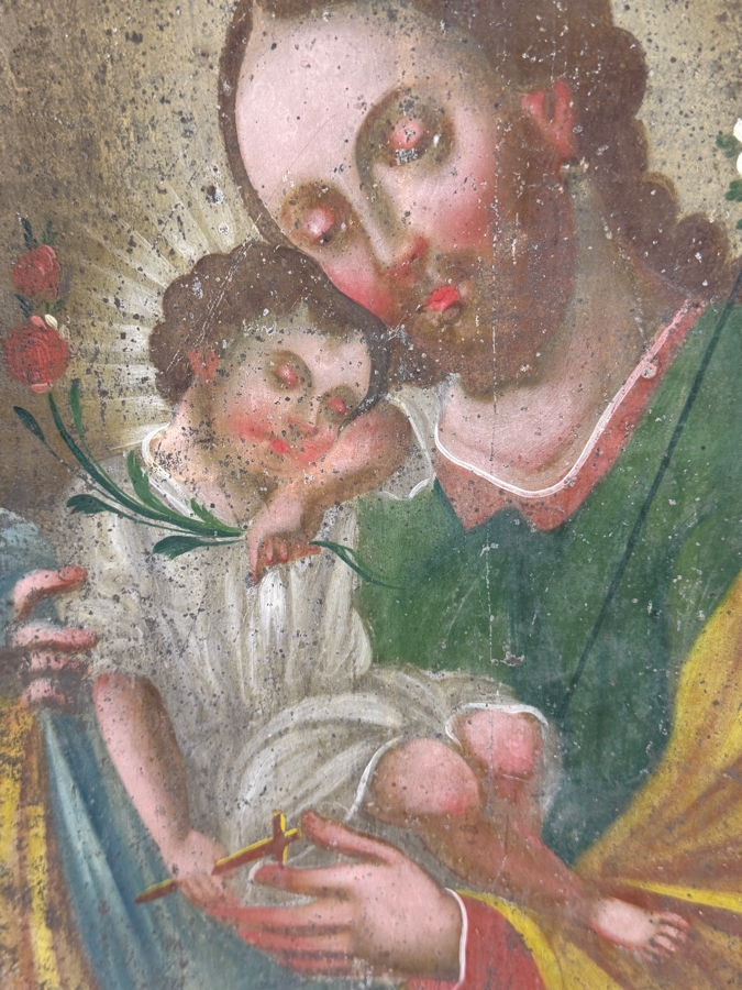 Antique 19th Century Original Mexican Retablo Painting On Tin Of Saint Joseph Holding The Christ Child 9.5 X 13.75 Framed 15.5 X 20 [Photo 6]