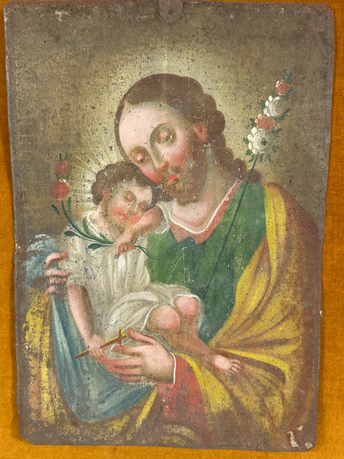 Antique 19th Century Original Mexican Retablo Painting On Tin Of Saint Joseph Holding The Christ Child 9.5 X 13.75 Framed 15.5 X 20 [Photo 3]
