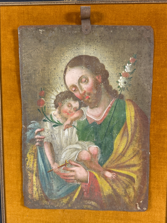 Antique 19th Century Original Mexican Retablo Painting On Tin Of Saint Joseph Holding The Christ Child 9.5 X 13.75 Framed 15.5 X 20 [Photo 2]