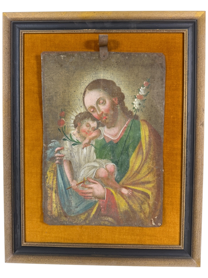 Antique 19th Century Original Mexican Retablo Painting On Tin Of Saint Joseph Holding The Christ Child 9.5 X 13.75 Framed 15.5 X 20