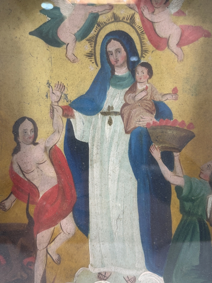 Antique 19th Century Original Mexican Retablo Painting On Tin Of Our Lady Of Light With Jesus Showing Mary Interceding For Souls Pulling A Sinner From The Jaws Of The Devil 9.75 X 14 Framed 11.75 X 15.5 [Photo 5]