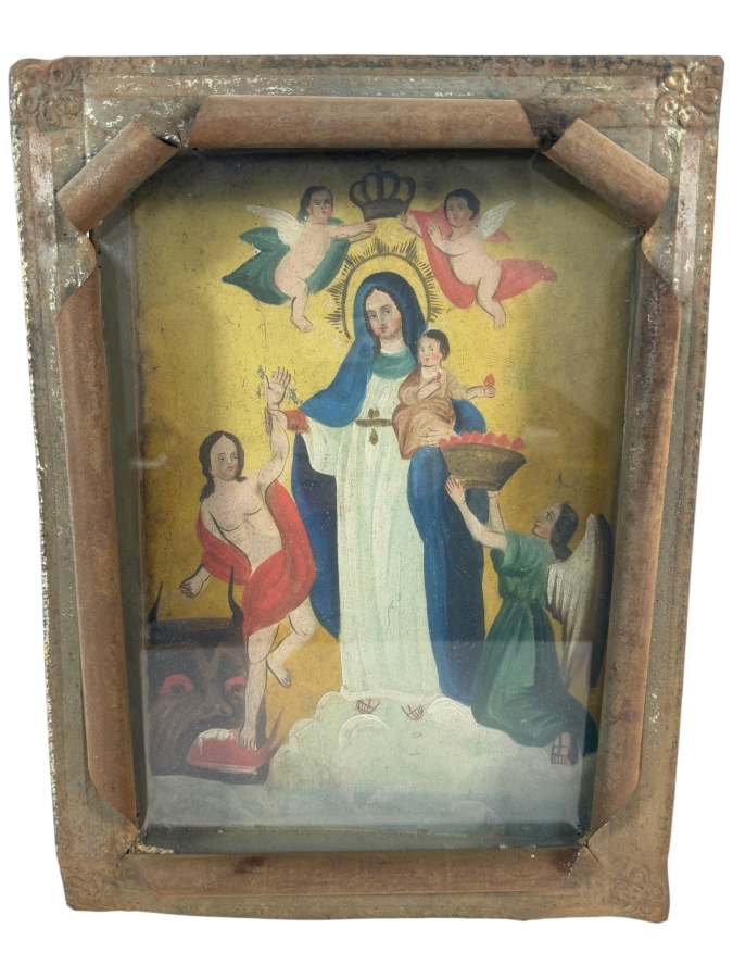 Antique 19th Century Original Mexican Retablo Painting On Tin Of Our Lady Of Light With Jesus Showing Mary Interceding For Souls Pulling A Sinner From The Jaws Of The Devil 9.75 X 14 Framed 11.75 X 15.5