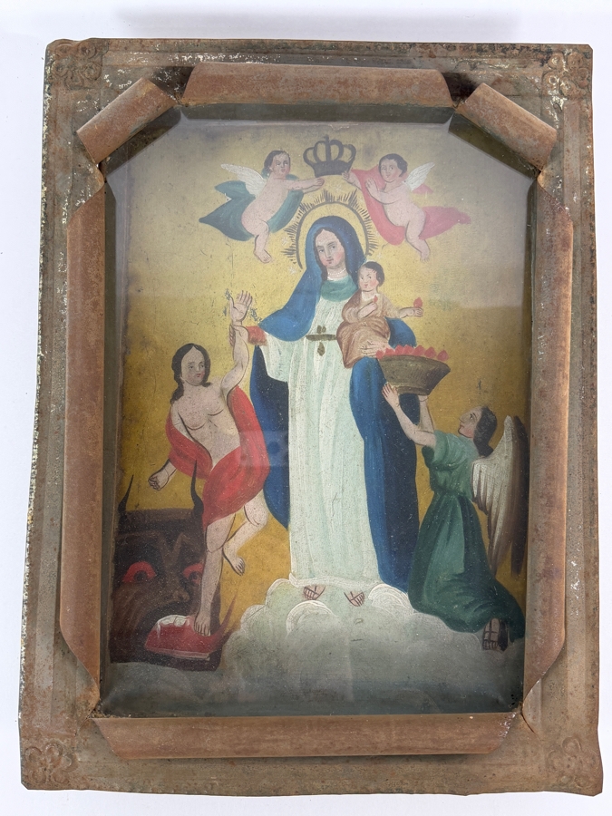 Antique 19th Century Original Mexican Retablo Painting On Tin Of Our Lady Of Light With Jesus Showing Mary Interceding For Souls Pulling A Sinner From The Jaws Of The Devil 9.75 X 14 Framed 11.75 X 15.5 [Photo 3]