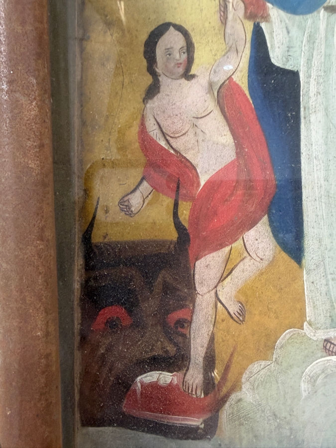 Antique 19th Century Original Mexican Retablo Painting On Tin Of Our Lady Of Light With Jesus Showing Mary Interceding For Souls Pulling A Sinner From The Jaws Of The Devil 9.75 X 14 Framed 11.75 X 15.5 [Photo 6]
