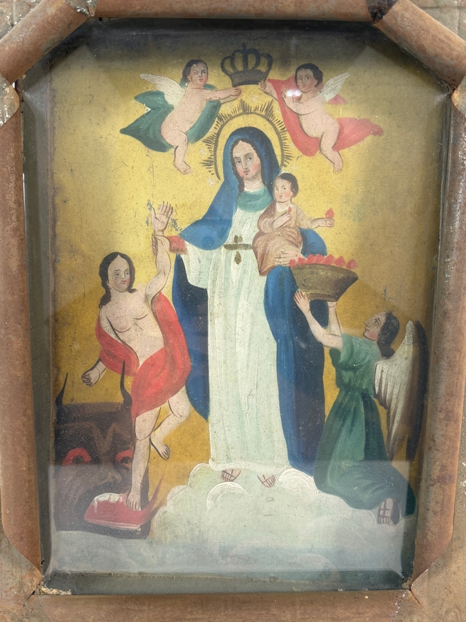 Antique 19th Century Original Mexican Retablo Painting On Tin Of Our Lady Of Light With Jesus Showing Mary Interceding For Souls Pulling A Sinner From The Jaws Of The Devil 9.75 X 14 Framed 11.75 X 15.5 [Photo 4]