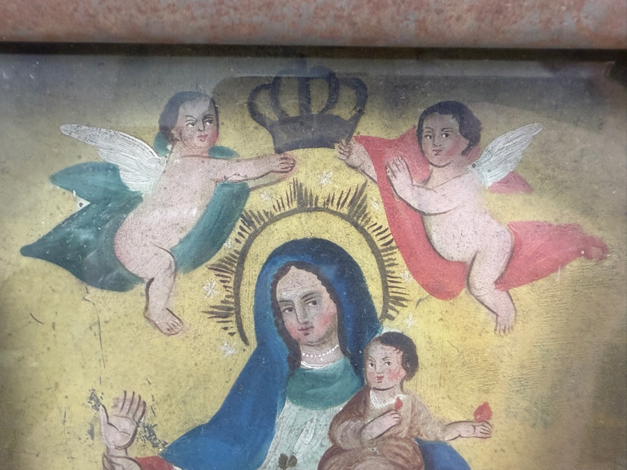 Antique 19th Century Original Mexican Retablo Painting On Tin Of Our Lady Of Light With Jesus Showing Mary Interceding For Souls Pulling A Sinner From The Jaws Of The Devil 9.75 X 14 Framed 11.75 X 15.5 [Photo 9]