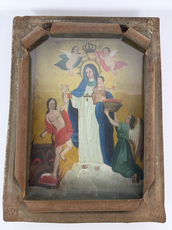 Antique 19th Century Original Mexican Retablo Painting On Tin Of Our Lady Of Light With Jesus Showing Mary Interceding For Souls Pulling A Sinner From The Jaws Of The Devil 9.75 X 14 Framed 11.75 X 15.5 [Photo 2]