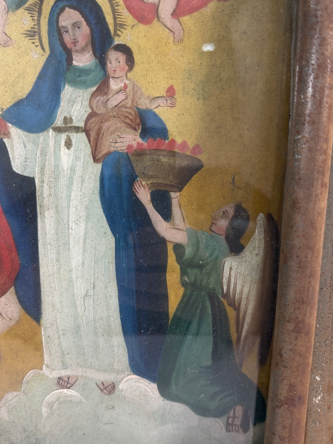 Antique 19th Century Original Mexican Retablo Painting On Tin Of Our Lady Of Light With Jesus Showing Mary Interceding For Souls Pulling A Sinner From The Jaws Of The Devil 9.75 X 14 Framed 11.75 X 15.5 [Photo 8]