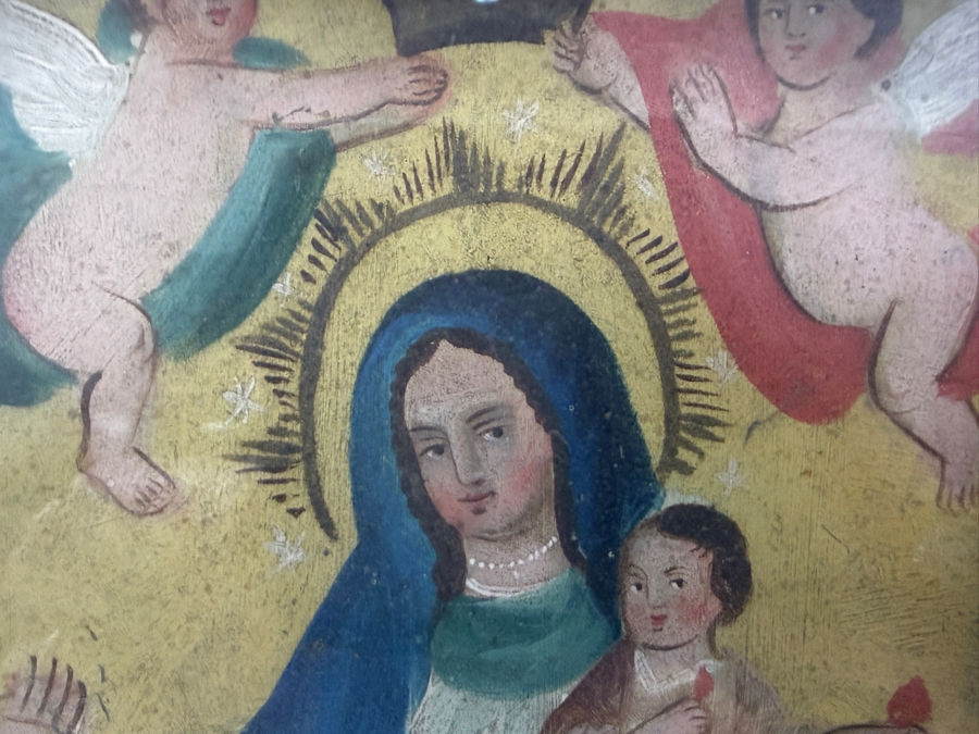 Antique 19th Century Original Mexican Retablo Painting On Tin Of Our Lady Of Light With Jesus Showing Mary Interceding For Souls Pulling A Sinner From The Jaws Of The Devil 9.75 X 14 Framed 11.75 X 15.5 [Photo 10]