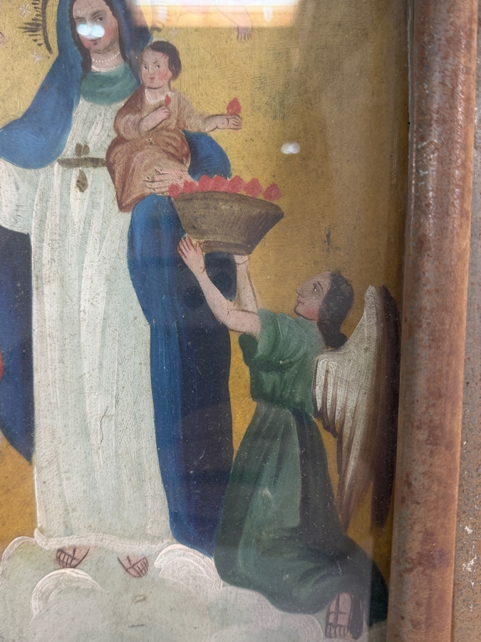 Antique 19th Century Original Mexican Retablo Painting On Tin Of Our Lady Of Light With Jesus Showing Mary Interceding For Souls Pulling A Sinner From The Jaws Of The Devil 9.75 X 14 Framed 11.75 X 15.5 [Photo 7]