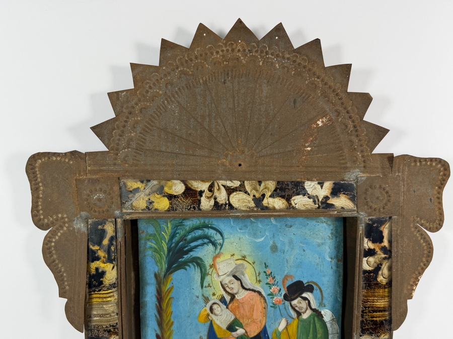 Antique 19th Century Original Mexican Retablo Painting On Tin Depicting The Flight Into Egypt Showing The Virgin Mary And Christ Child Riding A Donkey Led By Saint Joseph 10 X 14 Framed 19 X 23.5 [Photo 8]