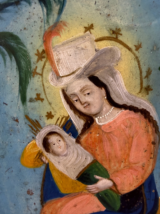 Antique 19th Century Original Mexican Retablo Painting On Tin Depicting The Flight Into Egypt Showing The Virgin Mary And Christ Child Riding A Donkey Led By Saint Joseph 10 X 14 Framed 19 X 23.5 [Photo 4]