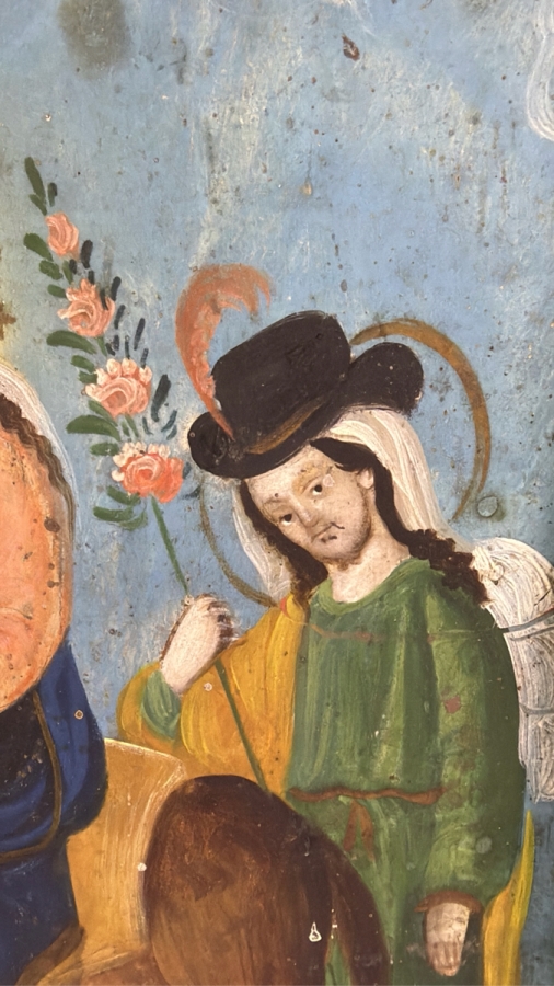 Antique 19th Century Original Mexican Retablo Painting On Tin Depicting The Flight Into Egypt Showing The Virgin Mary And Christ Child Riding A Donkey Led By Saint Joseph 10 X 14 Framed 19 X 23.5 [Photo 5]