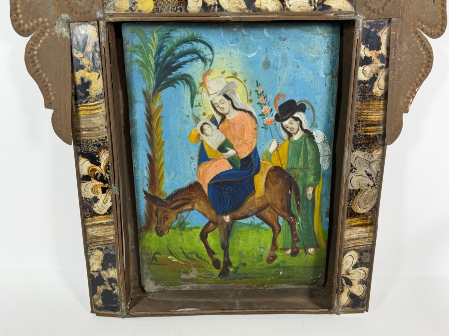 Antique 19th Century Original Mexican Retablo Painting On Tin Depicting The Flight Into Egypt Showing The Virgin Mary And Christ Child Riding A Donkey Led By Saint Joseph 10 X 14 Framed 19 X 23.5 [Photo 9]