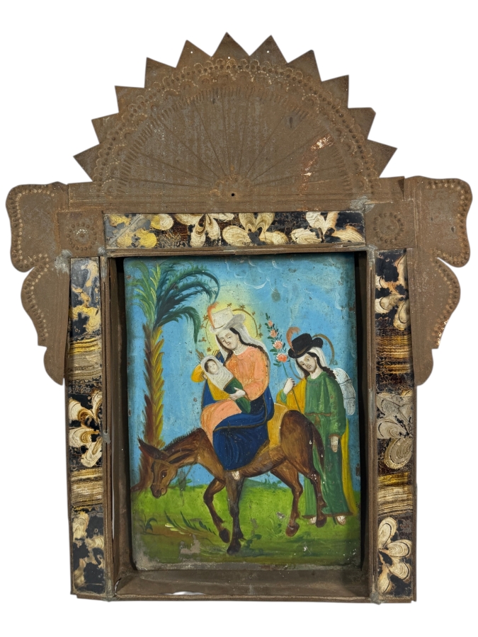 Antique 19th Century Original Mexican Retablo Painting On Tin Depicting The Flight Into Egypt Showing The Virgin Mary And Christ Child Riding A Donkey Led By Saint Joseph 10 X 14 Framed 19 X 23.5