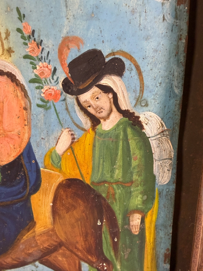 Antique 19th Century Original Mexican Retablo Painting On Tin Depicting The Flight Into Egypt Showing The Virgin Mary And Christ Child Riding A Donkey Led By Saint Joseph 10 X 14 Framed 19 X 23.5 [Photo 6]