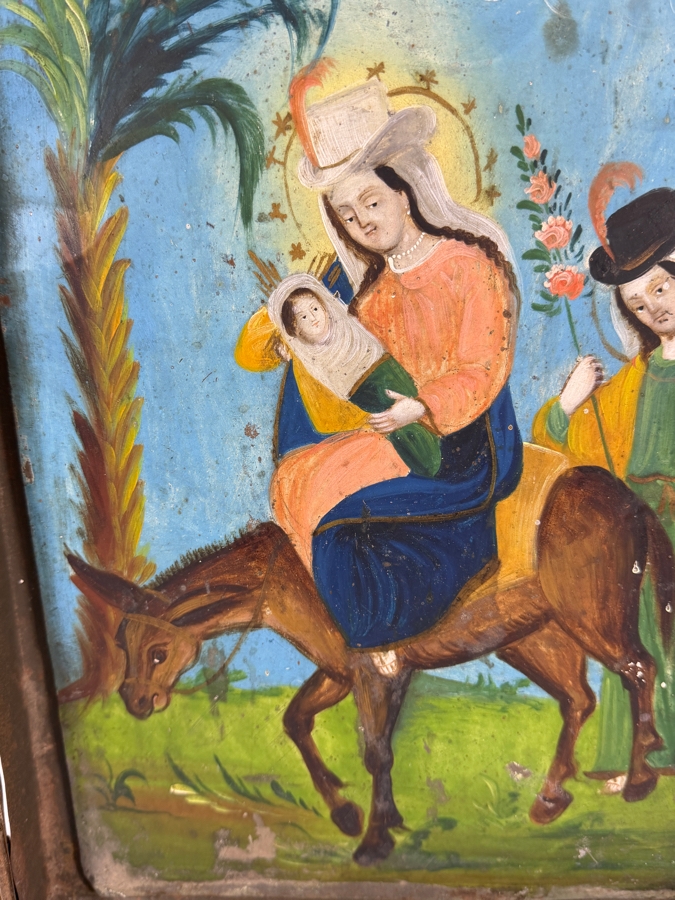 Antique 19th Century Original Mexican Retablo Painting On Tin Depicting The Flight Into Egypt Showing The Virgin Mary And Christ Child Riding A Donkey Led By Saint Joseph 10 X 14 Framed 19 X 23.5 [Photo 3]