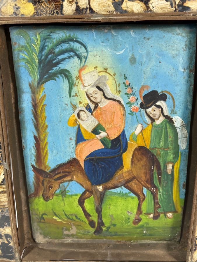 Antique 19th Century Original Mexican Retablo Painting On Tin Depicting The Flight Into Egypt Showing The Virgin Mary And Christ Child Riding A Donkey Led By Saint Joseph 10 X 14 Framed 19 X 23.5 [Photo 2]