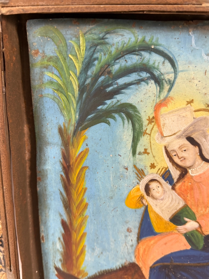 Antique 19th Century Original Mexican Retablo Painting On Tin Depicting The Flight Into Egypt Showing The Virgin Mary And Christ Child Riding A Donkey Led By Saint Joseph 10 X 14 Framed 19 X 23.5 [Photo 7]