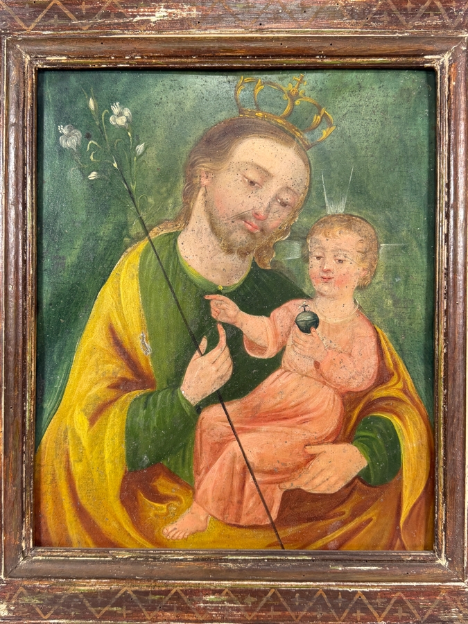Antique 19th Century Original Mexican Retablo Painting On Tin Depicting Saint Joseph And The Christ Child 10 X 12 With Antique Wooden Frame 16.5 X 18.5 [Photo 2]