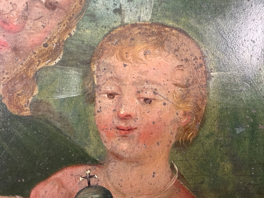 Antique 19th Century Original Mexican Retablo Painting On Tin Depicting Saint Joseph And The Christ Child 10 X 12 With Antique Wooden Frame 16.5 X 18.5 [Photo 6]
