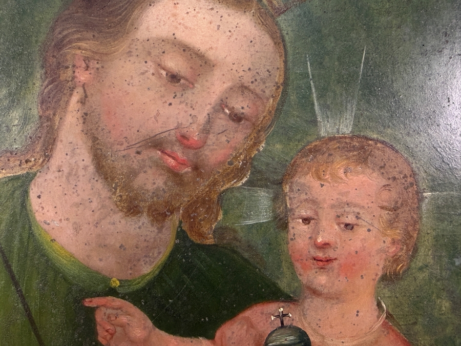 Antique 19th Century Original Mexican Retablo Painting On Tin Depicting Saint Joseph And The Christ Child 10 X 12 With Antique Wooden Frame 16.5 X 18.5 [Photo 5]