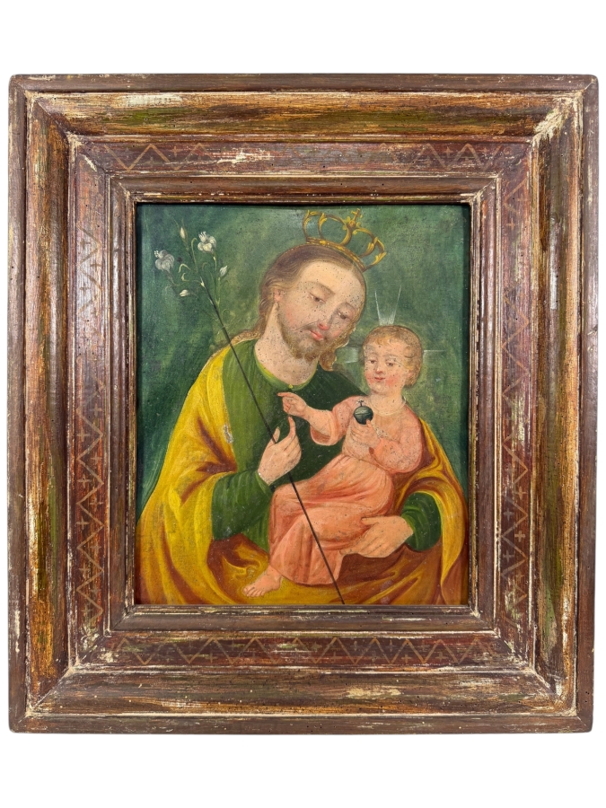 Antique 19th Century Original Mexican Retablo Painting On Tin Depicting Saint Joseph And The Christ Child 10 X 12 With Antique Wooden Frame 16.5 X 18.5