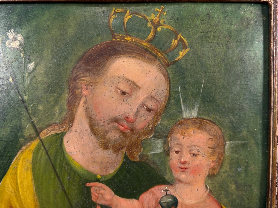 Antique 19th Century Original Mexican Retablo Painting On Tin Depicting Saint Joseph And The Christ Child 10 X 12 With Antique Wooden Frame 16.5 X 18.5 [Photo 4]