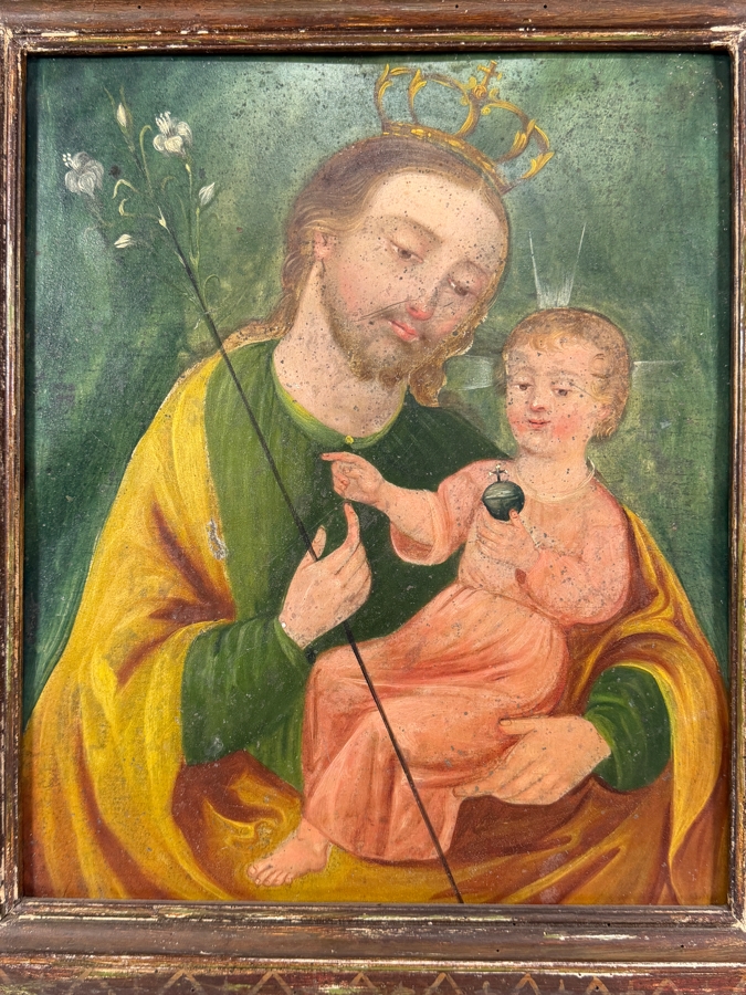 Antique 19th Century Original Mexican Retablo Painting On Tin Depicting Saint Joseph And The Christ Child 10 X 12 With Antique Wooden Frame 16.5 X 18.5 [Photo 3]
