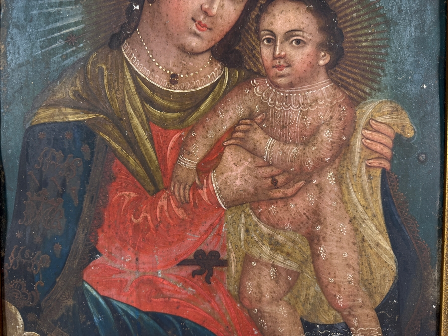 Antique 19th Century Original Mexican Retablo Painting On Tin Of The Virgin Mary And Christ Child 13.75 X 19.75 Framed 16.5 X 22.5 [Photo 4]