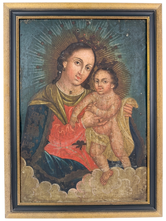 Antique 19th Century Original Mexican Retablo Painting On Tin Of The Virgin Mary And Christ Child 13.75 X 19.75 Framed 16.5 X 22.5