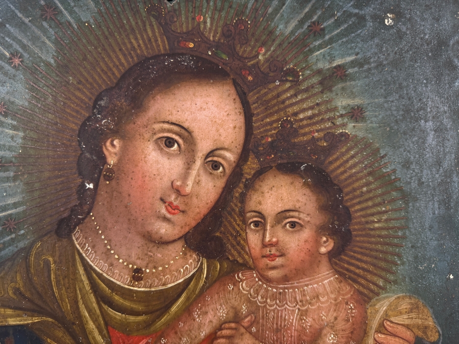 Antique 19th Century Original Mexican Retablo Painting On Tin Of The Virgin Mary And Christ Child 13.75 X 19.75 Framed 16.5 X 22.5 [Photo 6]