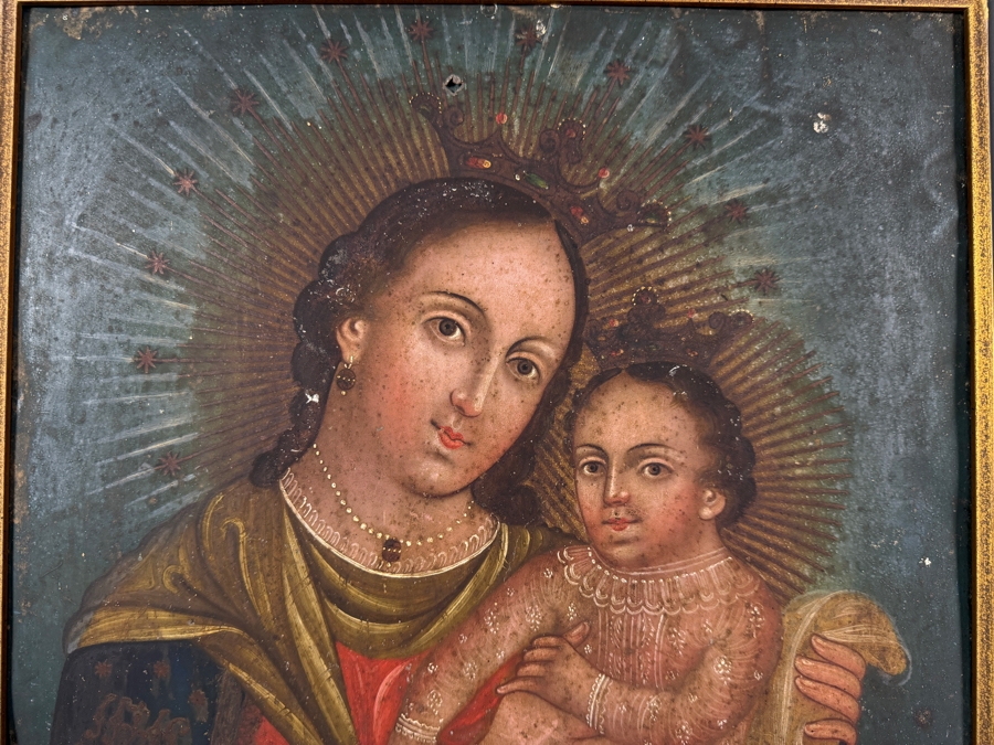 Antique 19th Century Original Mexican Retablo Painting On Tin Of The Virgin Mary And Christ Child 13.75 X 19.75 Framed 16.5 X 22.5 [Photo 2]