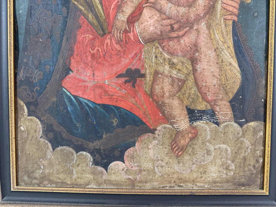 Antique 19th Century Original Mexican Retablo Painting On Tin Of The Virgin Mary And Christ Child 13.75 X 19.75 Framed 16.5 X 22.5 [Photo 5]