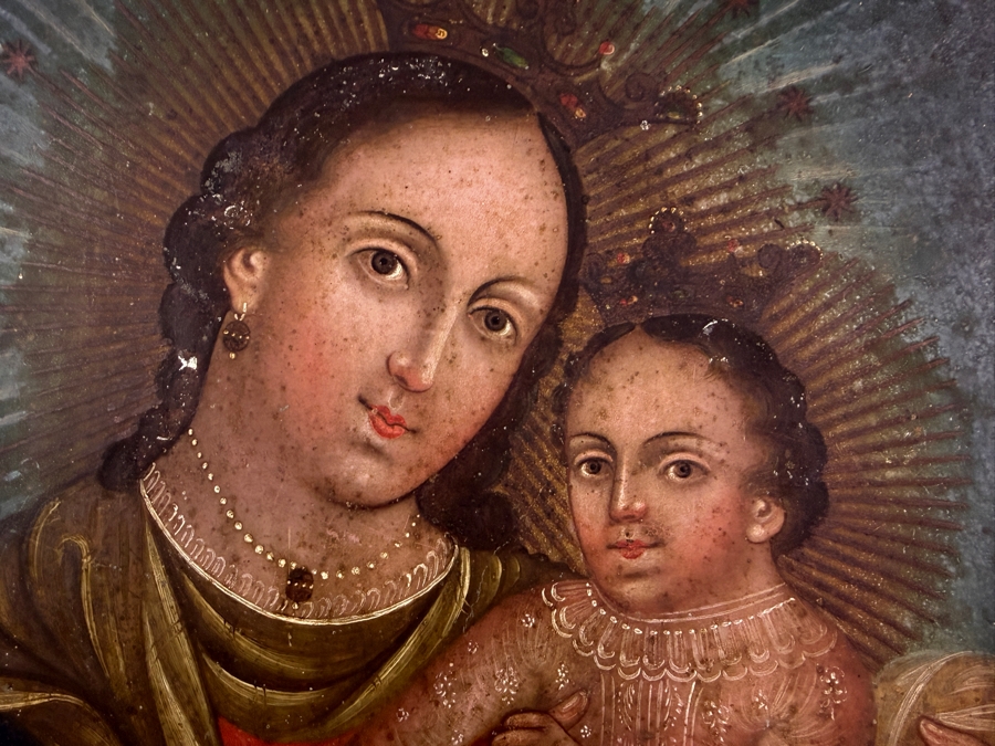 Antique 19th Century Original Mexican Retablo Painting On Tin Of The Virgin Mary And Christ Child 13.75 X 19.75 Framed 16.5 X 22.5 [Photo 3]