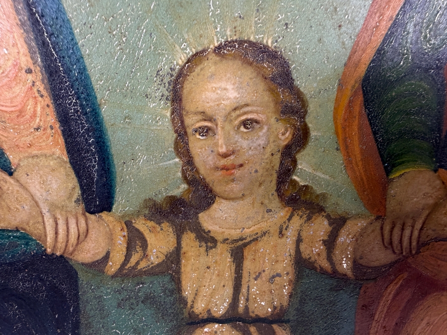 Antique 19th Century Original Mexican Retablo Painting On Tin Of The Holy Family Featuring The Virgin Mary And Saint Joseph Holding The Hands Of The Christ Child Beneath A Dove Representing The Holy Spirit 13.5 X 19.5 Framed 15 X 21.5 [Photo 4]
