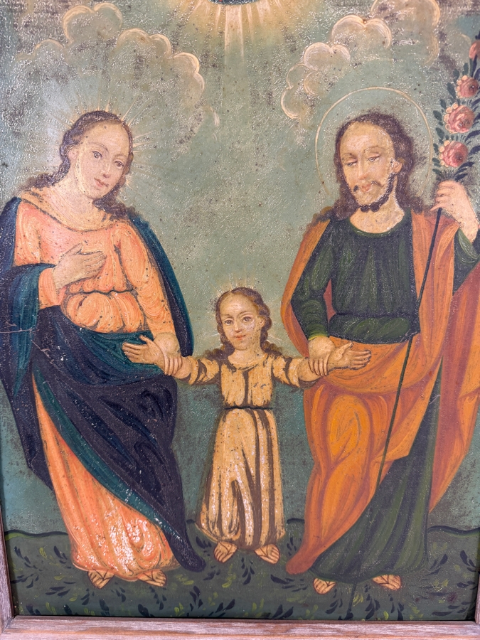 Antique 19th Century Original Mexican Retablo Painting On Tin Of The Holy Family Featuring The Virgin Mary And Saint Joseph Holding The Hands Of The Christ Child Beneath A Dove Representing The Holy Spirit 13.5 X 19.5 Framed 15 X 21.5 [Photo 2]