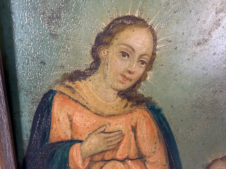 Antique 19th Century Original Mexican Retablo Painting On Tin Of The Holy Family Featuring The Virgin Mary And Saint Joseph Holding The Hands Of The Christ Child Beneath A Dove Representing The Holy Spirit 13.5 X 19.5 Framed 15 X 21.5 [Photo 5]