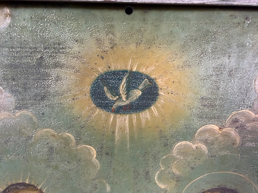 Antique 19th Century Original Mexican Retablo Painting On Tin Of The Holy Family Featuring The Virgin Mary And Saint Joseph Holding The Hands Of The Christ Child Beneath A Dove Representing The Holy Spirit 13.5 X 19.5 Framed 15 X 21.5 [Photo 7]