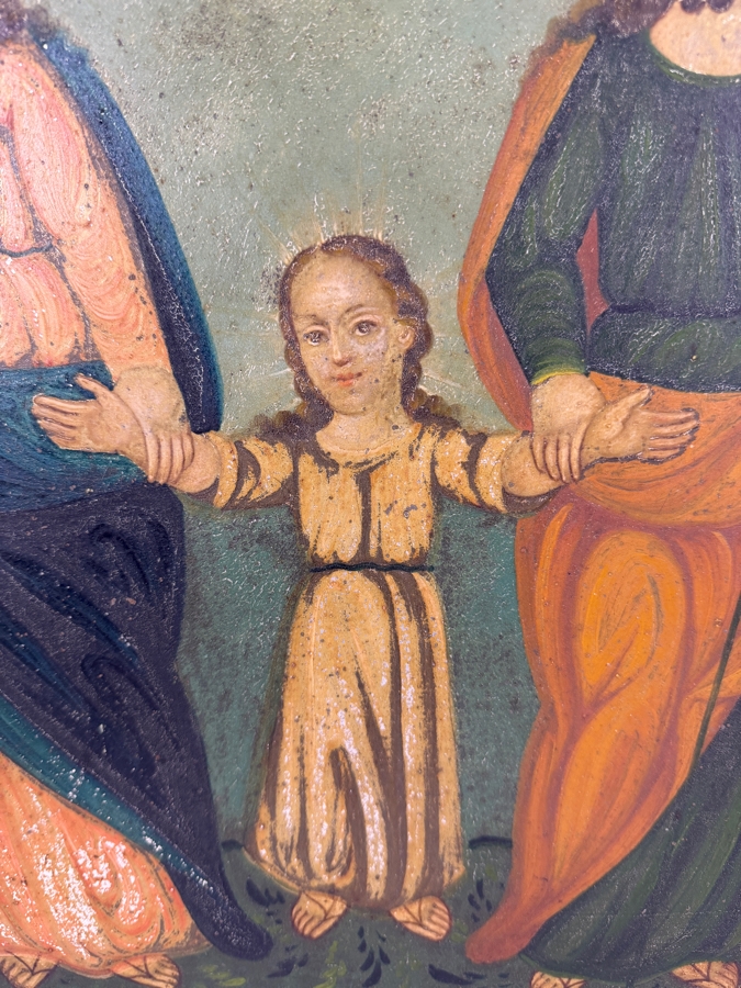 Antique 19th Century Original Mexican Retablo Painting On Tin Of The Holy Family Featuring The Virgin Mary And Saint Joseph Holding The Hands Of The Christ Child Beneath A Dove Representing The Holy Spirit 13.5 X 19.5 Framed 15 X 21.5 [Photo 3]
